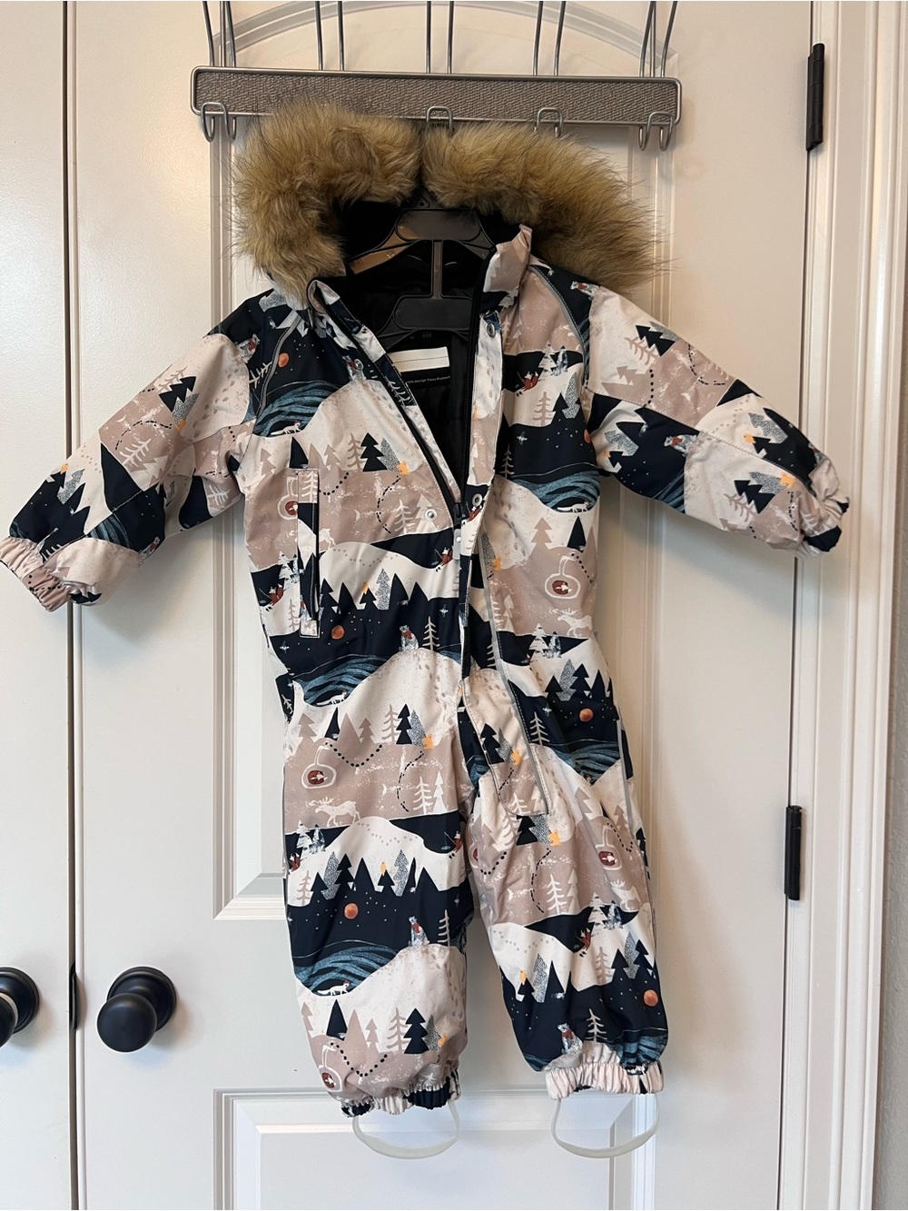 Children's Beige & Navy Winter One-Piece Bodysuit with Faux Fur Hood